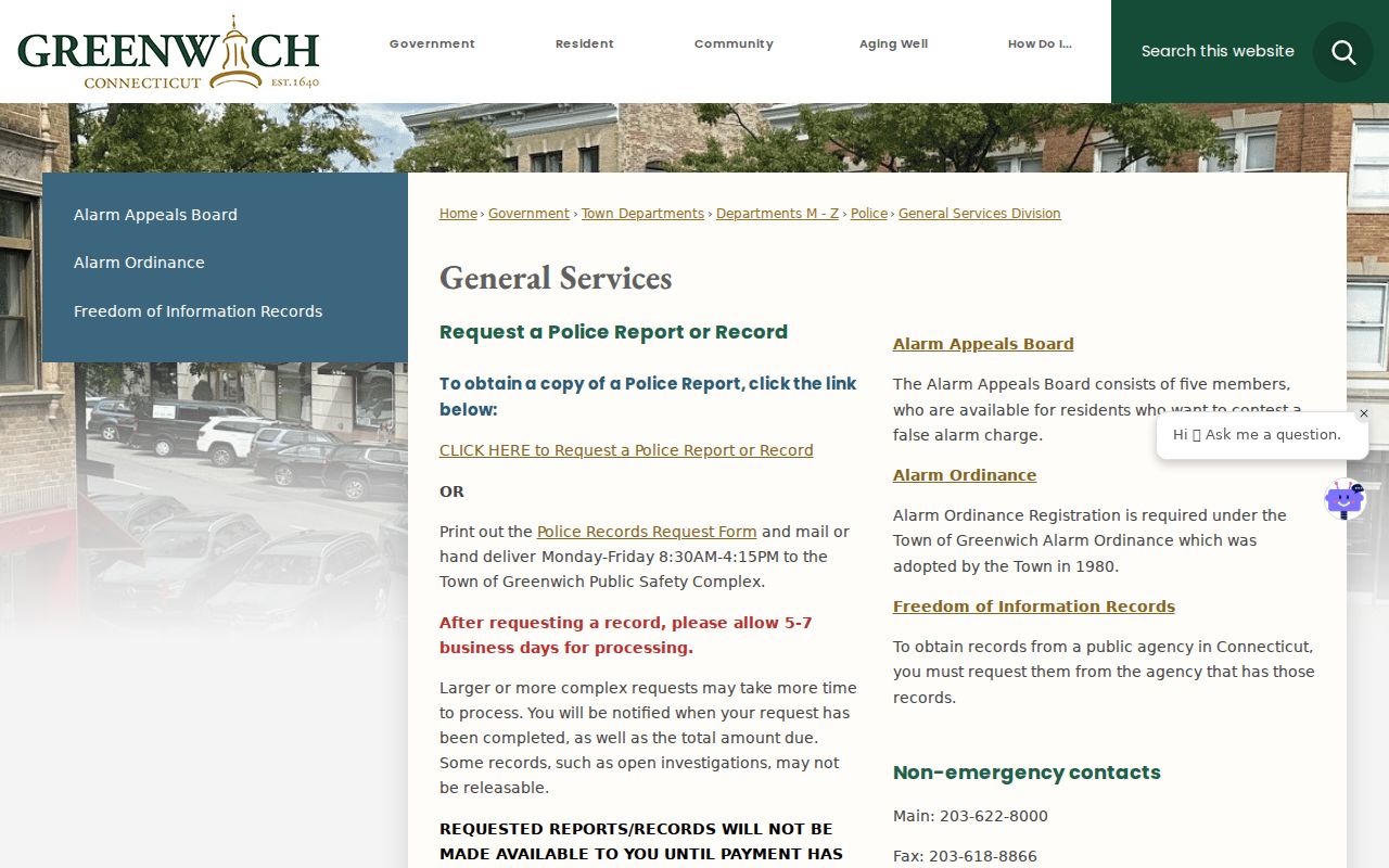 Greenwich County arrest records and court charges police records request page