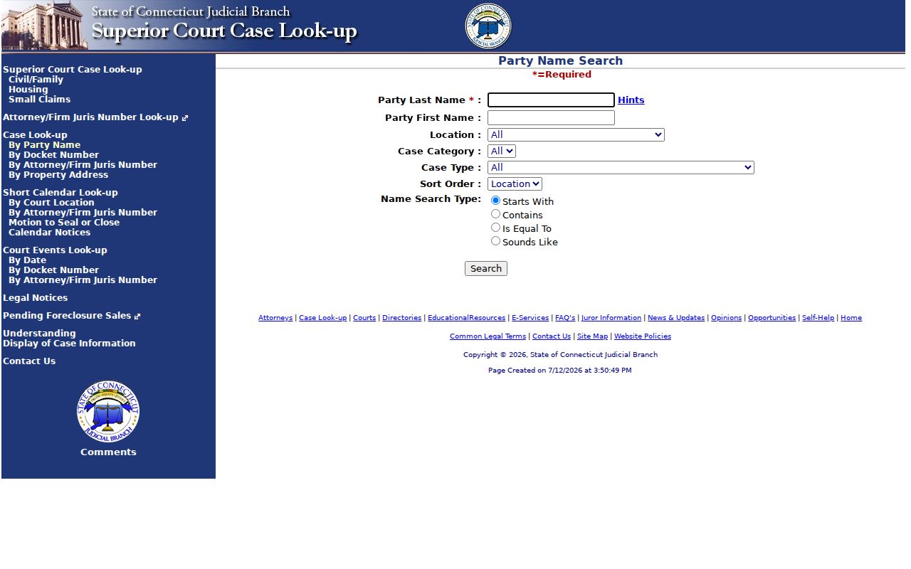 Greenwich County court records civil family party name search