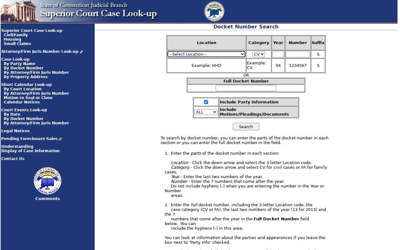 Greenwich County court records docket number search fields