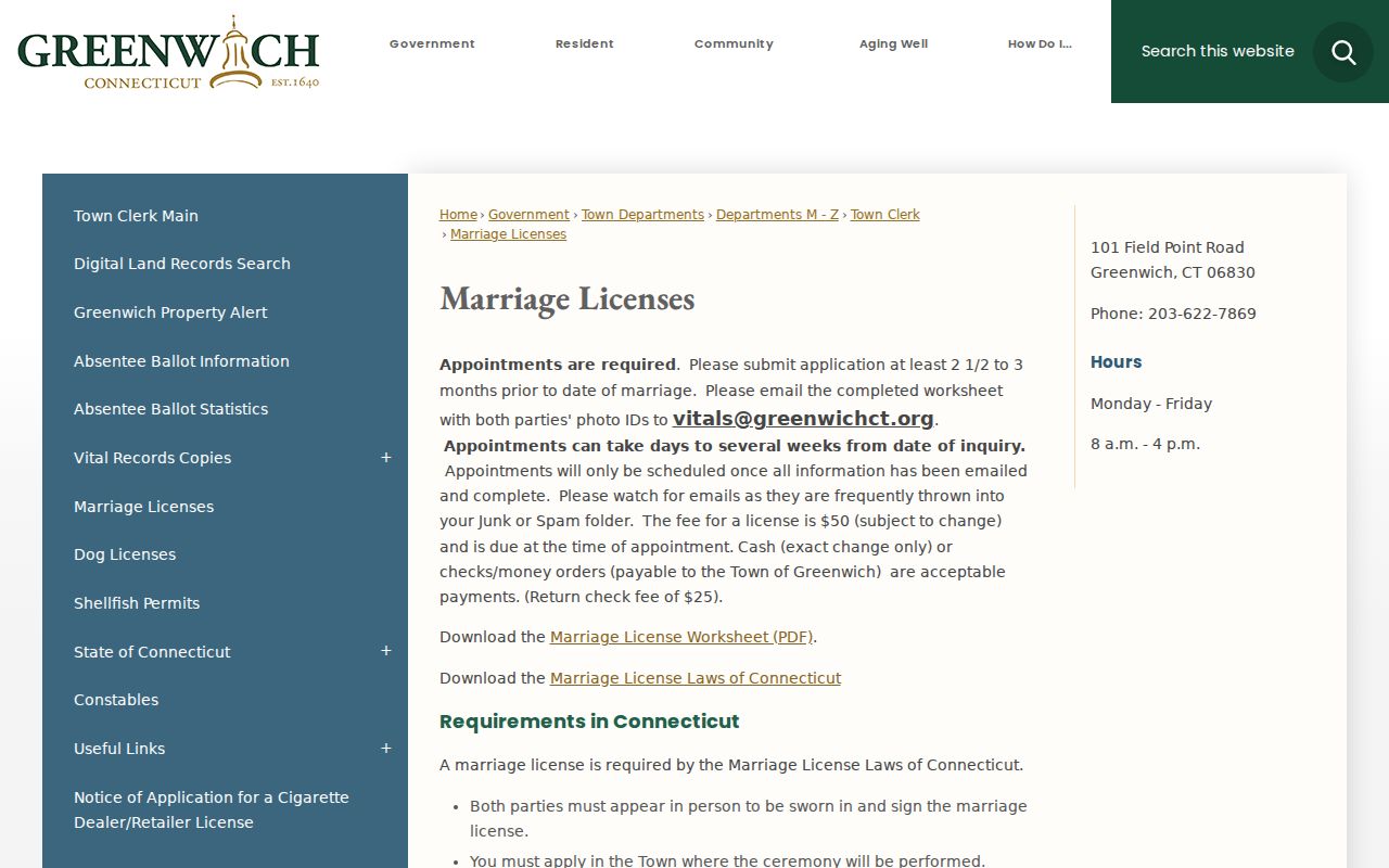 Greenwich County marriage records license appointment process