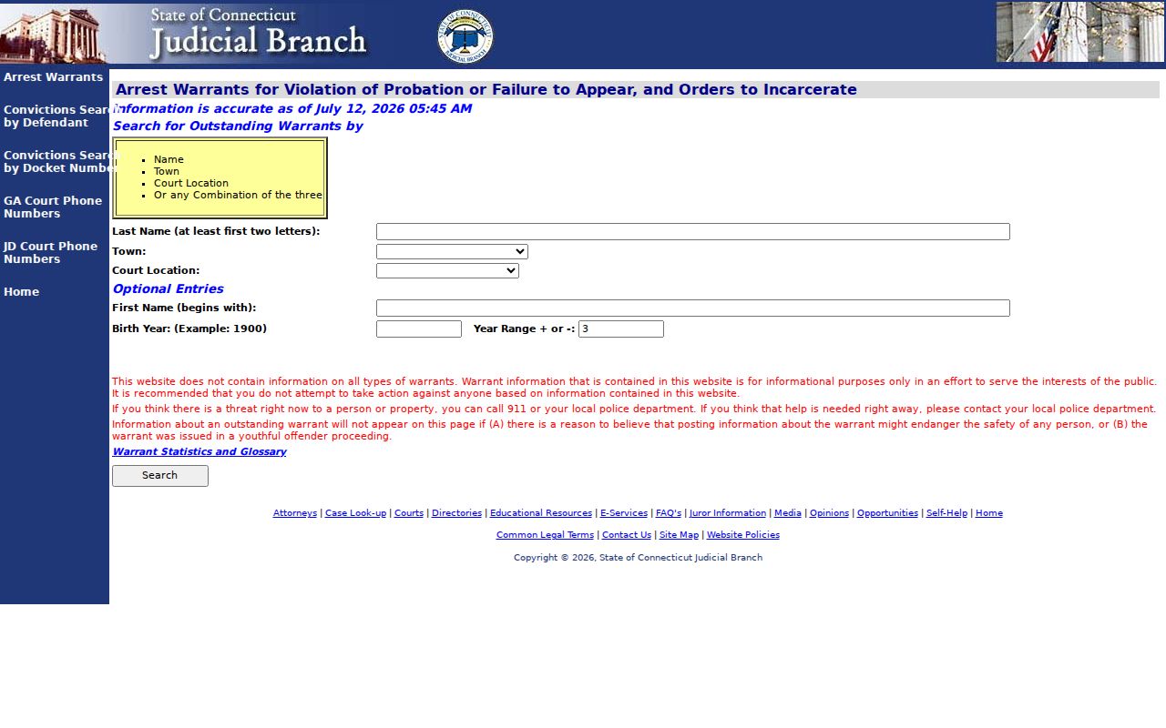 Greenwich County warrant search through the Connecticut Judicial Branch arrest warrant page